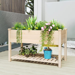 Elevated Wood Raised Garden Bed with Storage Shelf