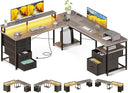 66" L-Shaped Computer Desk with File Cabinet, LED Lights & Power Outlet