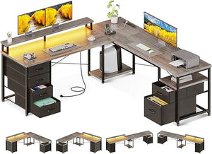 66" L-Shaped Computer Desk with File Cabinet, LED Lights & Power Outlet