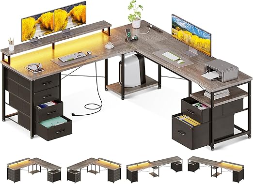 66" L-Shaped Computer Desk with File Cabinet, LED Lights & Power Outlet