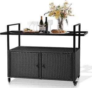 Wicker Outdoor Bar Table with Steel Shelves and Wine Glass Rack