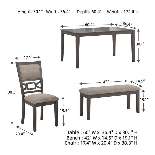 6-Piece Transitional Dining Table Set with Bench and Upholstered Chairs, Seats 6