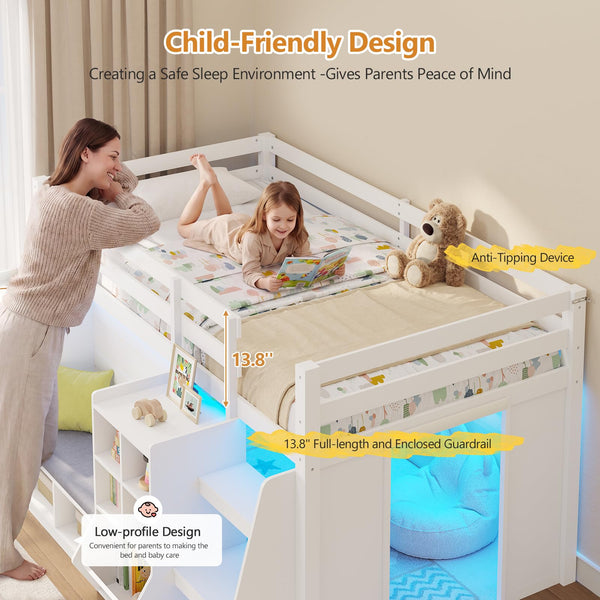 Twin Low Loft Bed with Storage, LED Lights & Reading Nook