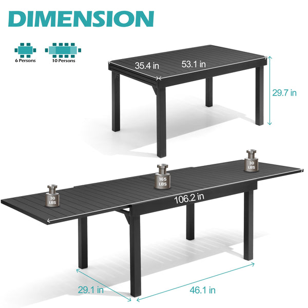Expandable Aluminum Outdoor Dining Table – 53" to 106", Seats 6–10