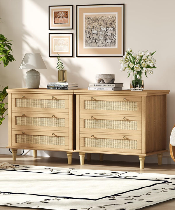 Wide Rattan Nightstand with Charging Station & 3 Drawers
