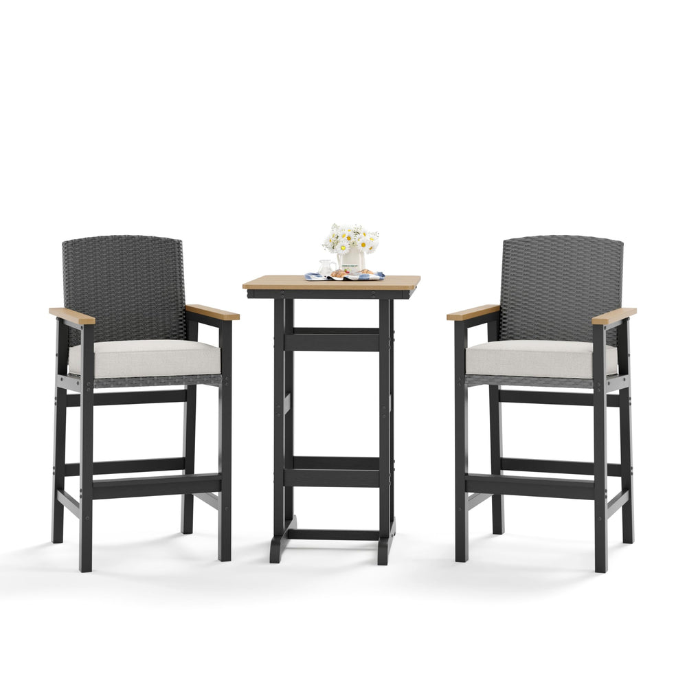 3-Piece Outdoor Patio Bar Set with Wicker Bar Stools and HDPE Bar Table