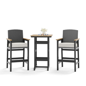 3-Piece Outdoor Patio Bar Set with Wicker Bar Stools and HDPE Bar Table