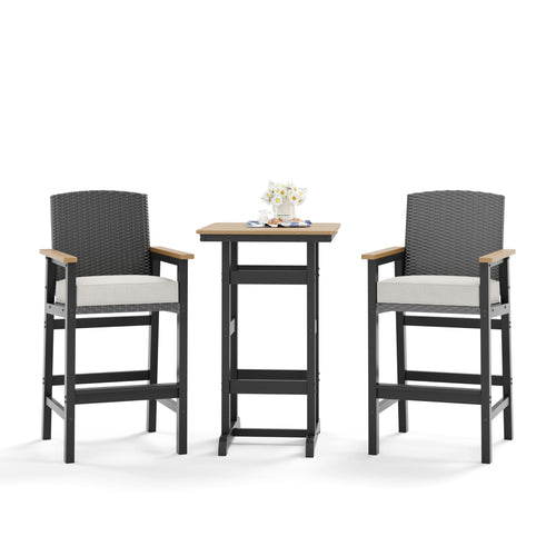 3-Piece Outdoor Patio Bar Set with Wicker Bar Stools and HDPE Bar Table