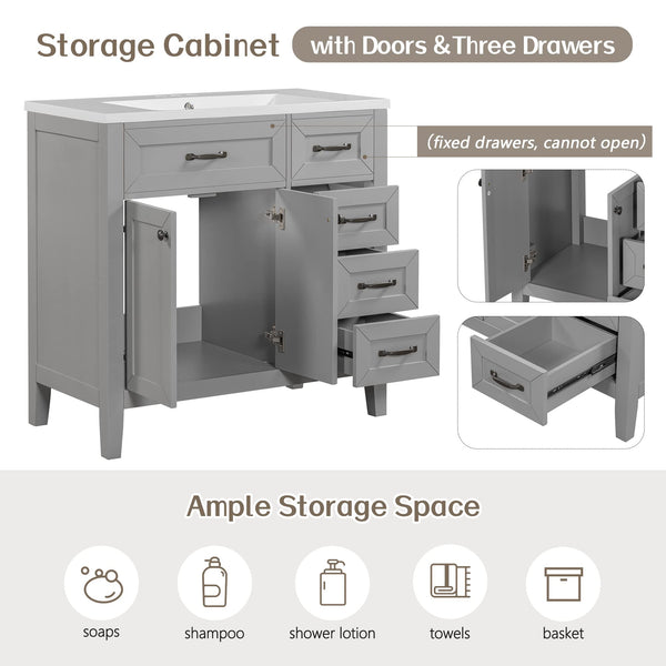 36" Bathroom Vanity with Sink, 3 Drawers & Soft-Close Doors