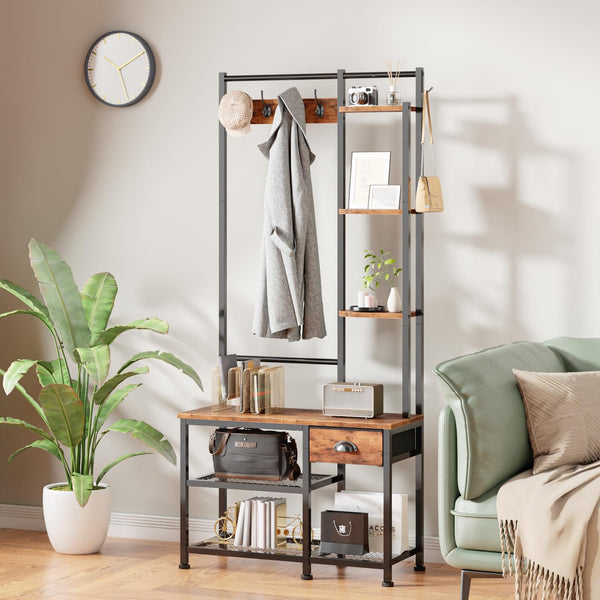 4-in-1 Entryway Hall Tree with Bench, Coat Rack & Shoe Storage