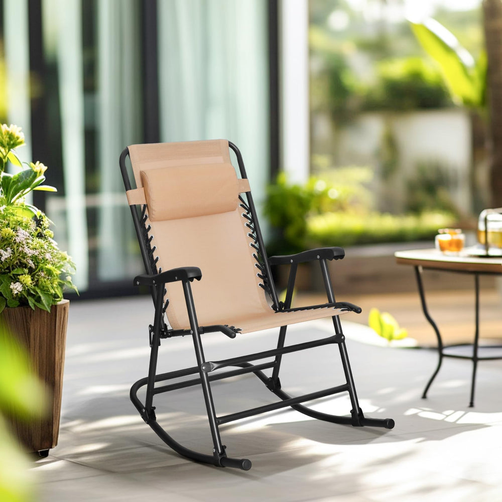 Folding Outdoor Rocking Chair with Padded Headrest