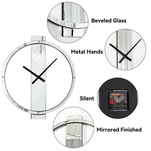Large Mirror Wall Clock with Round Glass Face