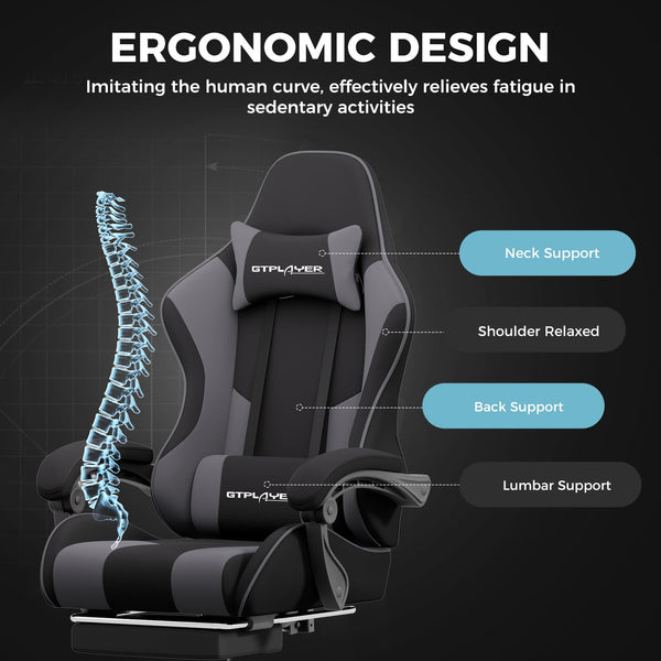 Gaming Chair with Footrest & Lumbar Support – Dark Gray Fabric