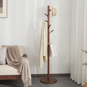 Ash Wood Freestanding Coat Rack with 6 Hooks – Walnut Brown