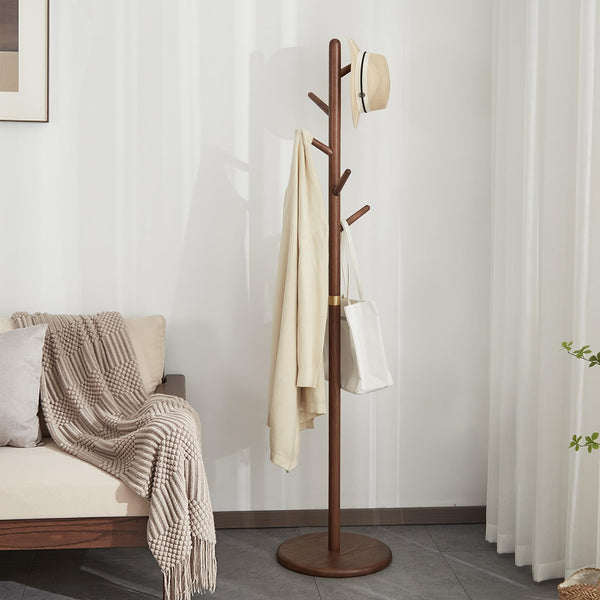 Ash Wood Freestanding Coat Rack with 6 Hooks – Walnut Brown