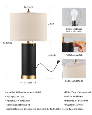 PU Leather Table Lamp Set of 2 with Beige Fabric Shade