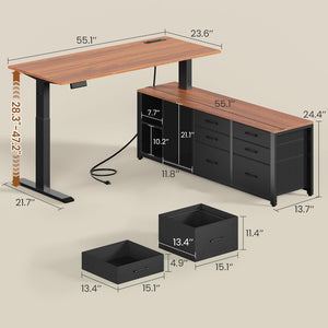 L-Shaped Electric Standing Desk 55" x 55" with 6 Drawers, Storage & Power Outlet