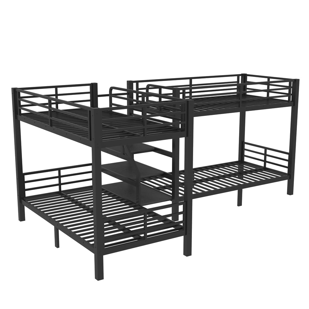 L-Shaped Metal Quad Bunk Bed with Stairs – Twin Size for 4