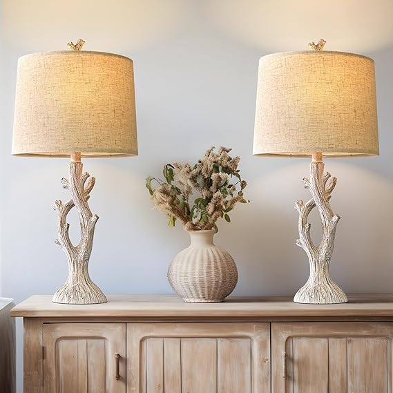Rustic Farmhouse Table Lamp Set with USB Charging Ports