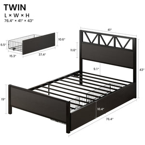 Twin Bed Frame with Storage Drawers, LED Lights & Charging Station