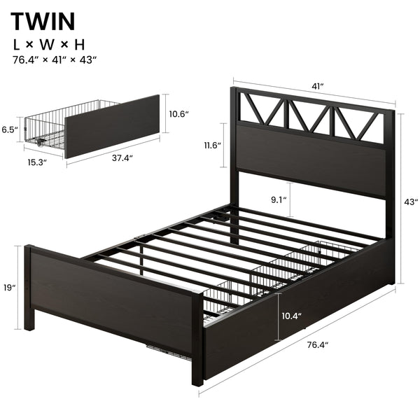 Twin Bed Frame with Storage Drawers, LED Lights & Charging Station