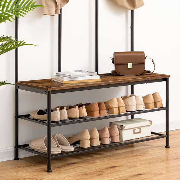 Industrial Hall Tree with Bench, 12 Hooks & Shoe Storage – 39.4"L x 14"W x 71.7"H