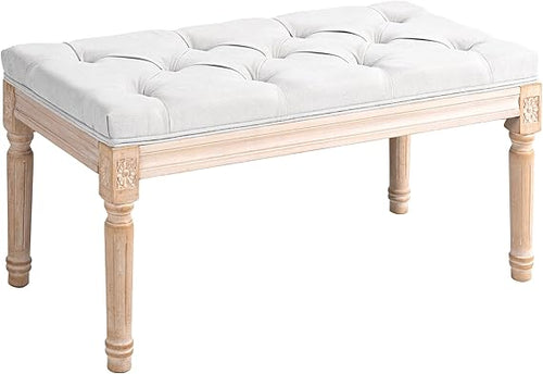 French Vintage Upholstered Bench – Button Tufted, Cream White