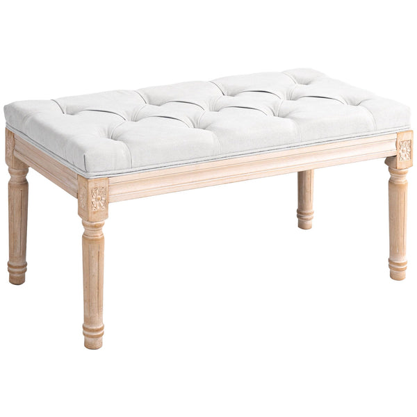 French Vintage Upholstered Bench – Button Tufted, Cream White