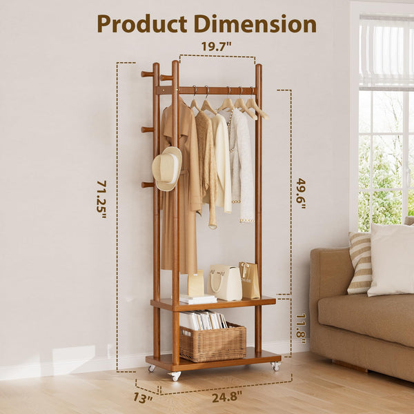 Solid Wood Coat Rack with Wheels, Storage Shelves & Hooks