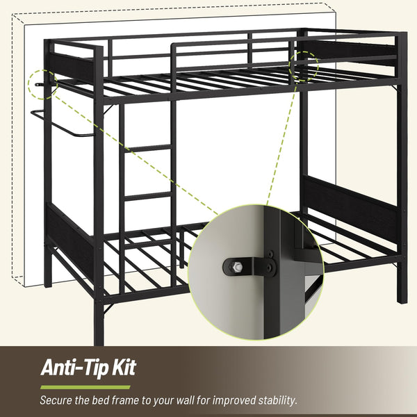 Twin Over Twin Metal Bunk Bed with Clothes Rail & Guardrail