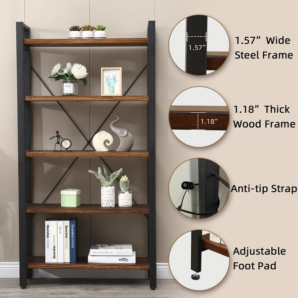 Industrial Wood & Metal Bookshelf – Multi-Tier Etagere Bookcase