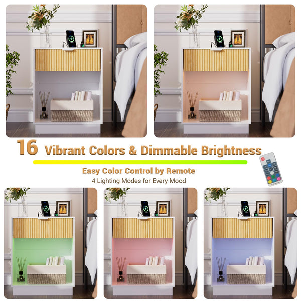 Fluted Nightstand Set of 2 with Charging Station & LED Lights