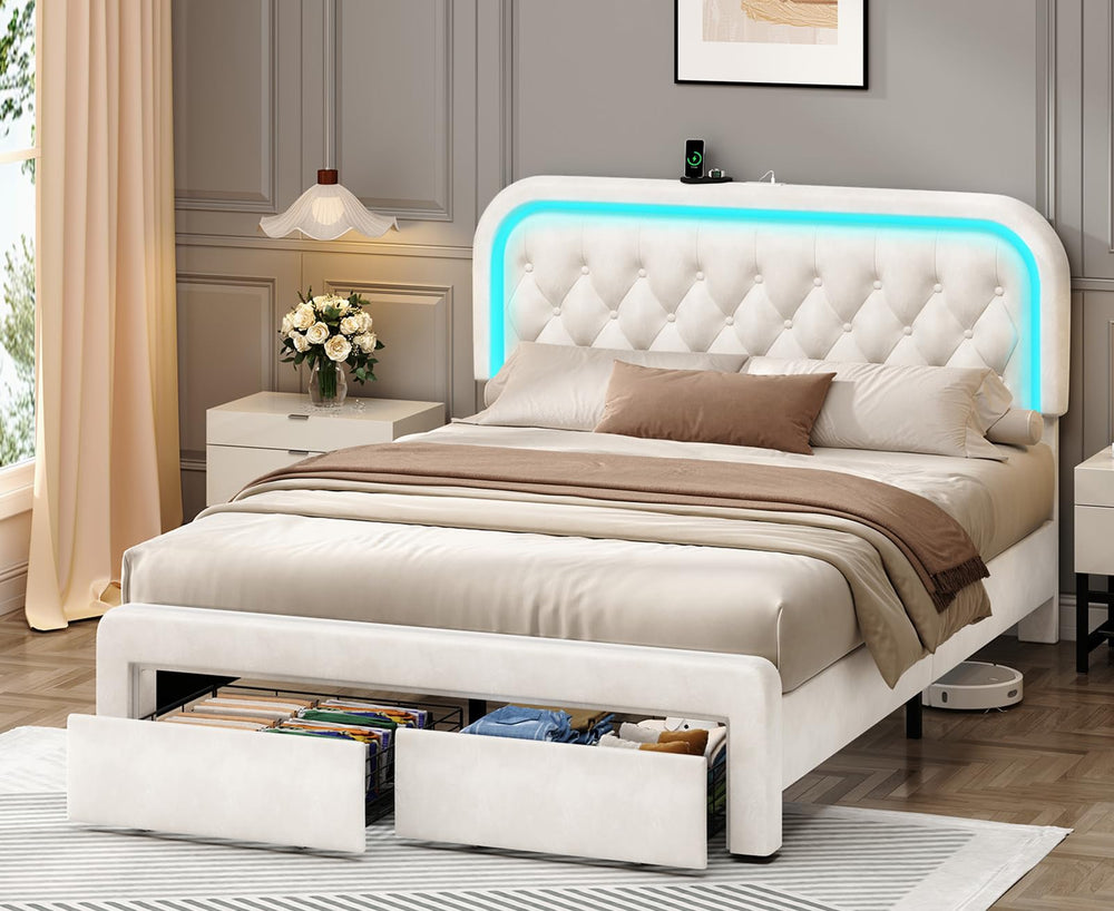 Queen Upholstered Bed Frame with LED Lights & Storage Drawers
