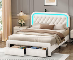 Queen Upholstered Bed Frame with LED Lights & Storage Drawers