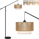 Dimmable Boho Floor Lamp with Rattan & Fabric Shades