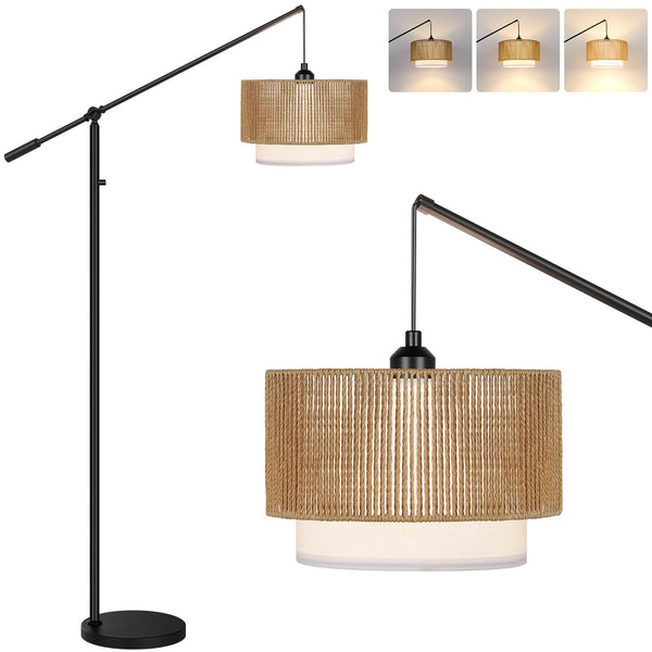 Dimmable Boho Floor Lamp with Rattan & Fabric Shades