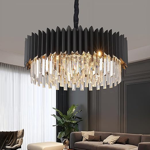 Black Crystal Chandelier 24 Inch – 5-Tier Modern Ceiling Light