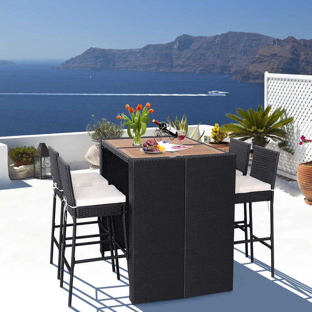 5-Piece Outdoor Wicker Bar Set with Acacia Wood Table & Cushioned Stools