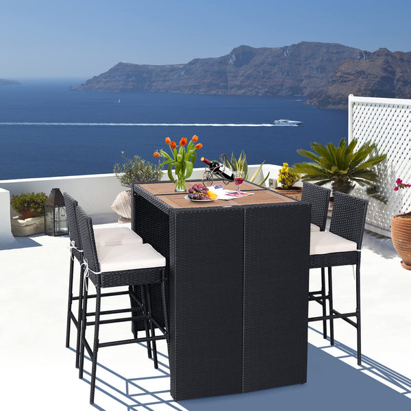 5-Piece Outdoor Wicker Bar Set with Acacia Wood Table & Cushioned Stools