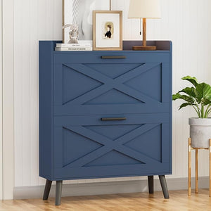 Farmhouse Shoe Storage Cabinet with 2 Flip Drawers – Slim Entryway Shoe Rack