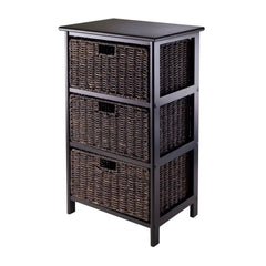 3-Tier Wood Storage Rack with Foldable Baskets – Black