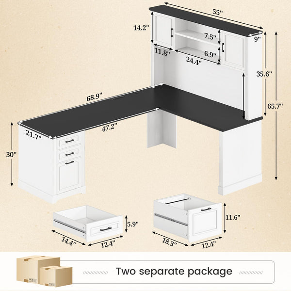 L-Shaped Desk with Hutch, Drawers & Power Outlet