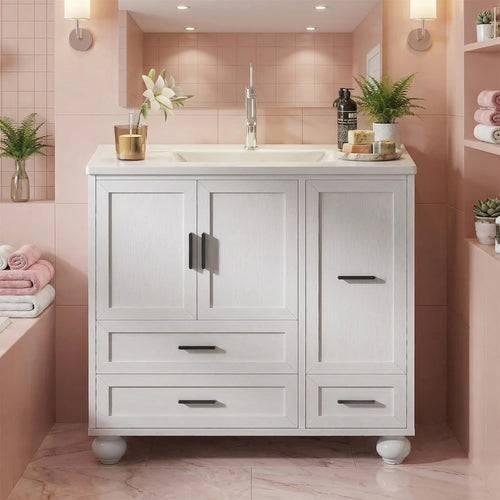 36" Bathroom Vanity with Sink and Hair Tool Drawer – 4 Drawers, 2 Doors, Undermount SMC Sink, White