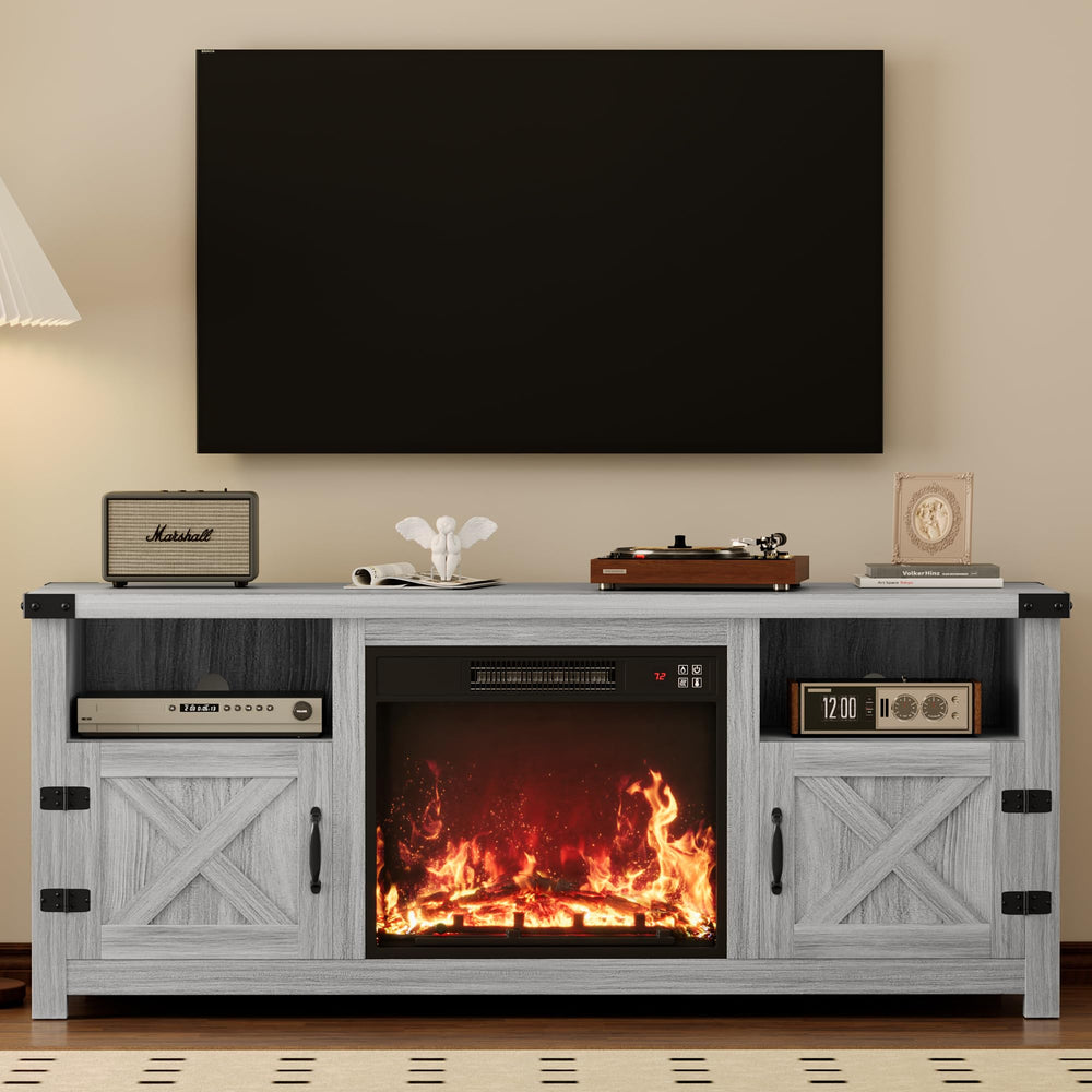 Farmhouse Fireplace TV Stand with Electric Hearth – Fits TVs up to 65"