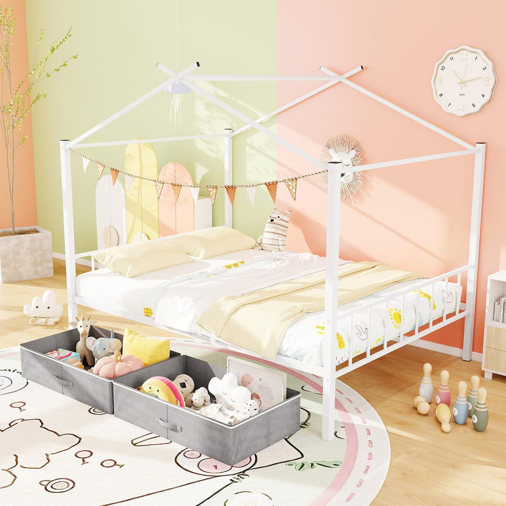 Full Size Metal House Bed with 2 Storage Drawers