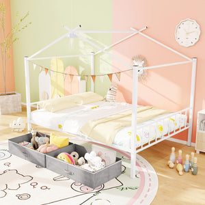 Full Size Metal House Bed with 2 Storage Drawers