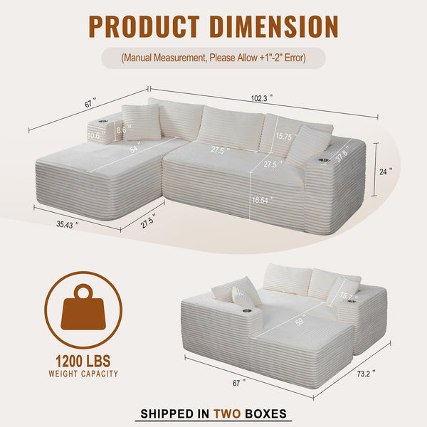 103" Modular Sectional Sofa with Chaise & Cup Holders