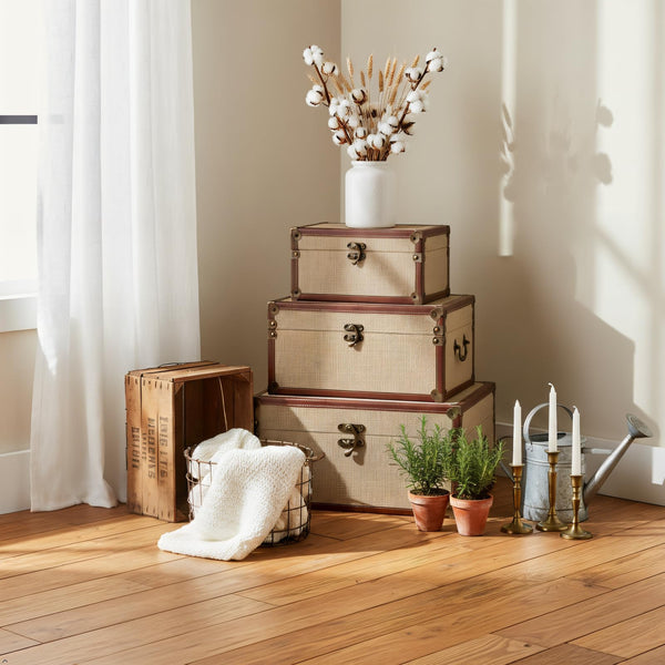 Vintage Nesting Storage Trunk Set of 3 – Linen & Wood with Metal Handles
