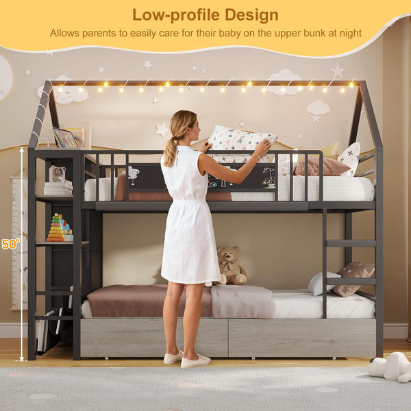 Twin Over Twin House Bunk Bed with Storage Drawers & String Lights