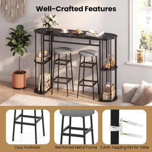 Bar Table Set for 2 with Storage Shelves & Barstools
